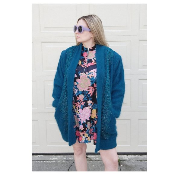 Vintage Turquoise Angora Oversized Cardigan - Picture 1 of 7